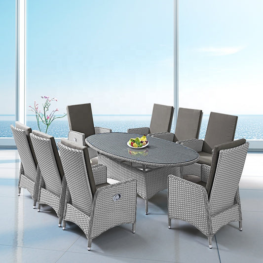 Bergholz Alfonso – 9-delige Tuinset (8 Stoelen + 1 Verstelbare Tafel) | Grijze Wicker Restaurant & Tuinmeubelen